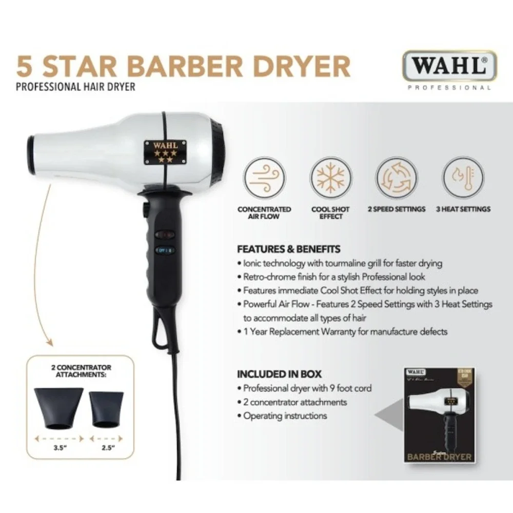 Wahl Professional 5-Star Barber Hair Dryer #5054 Silver 2 Speed 3 Heat New